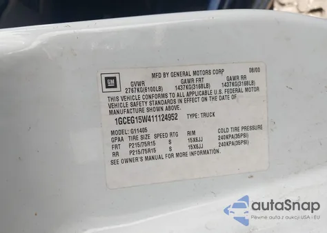 2001 Chevrolet Express из США, поврежденный, VIN 1GCEG15W411124952